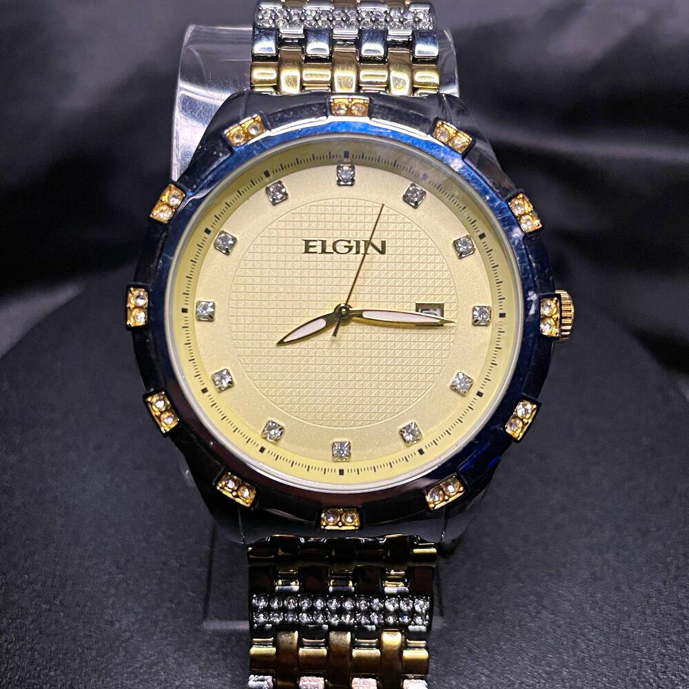 Elgin Men’s Quartz Dress Watch Date Two-Tone SS Bracelet Gold Silver Dial 47mm
